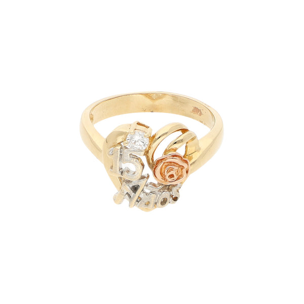 Anillo diseño especial con circonias motivo quince años en oro tres tonos 14 kilates.