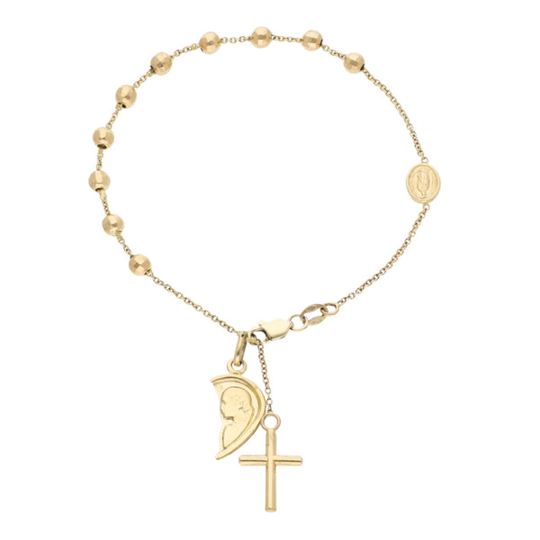 Pulsera de eslabón cruzado con aplicaciones motivos religiosos en oro amarillo 14 kilates.