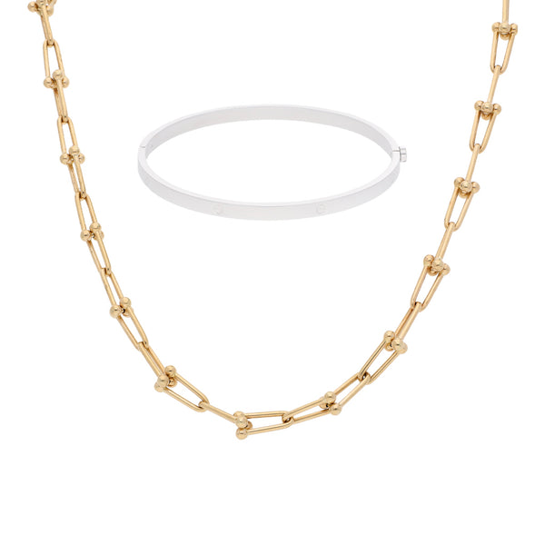 Pulsera de arillo articulada y gargantilla eslabón cruzado en oro dos tonos 14 kilates.