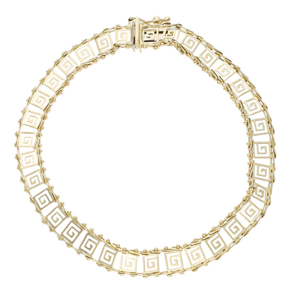 Pulsera eslabón boleado motivo grecas en oro amarillo 14 kilates.