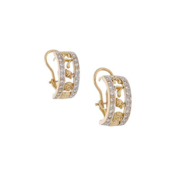 Aretes diseño especial con sintéticos motivos de la suerte en oro amarillo 14 kilates.
