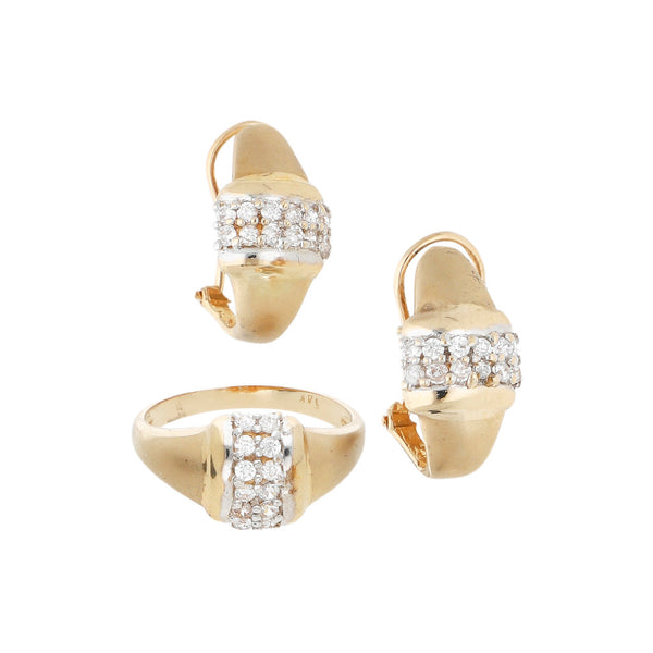 Juego de anillo y aretes diseño especial con sintéticos en oro amarillo 14 kilates.