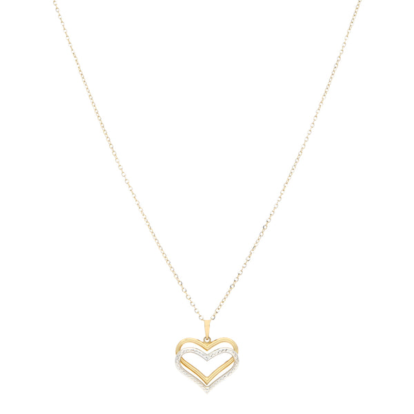 Gargantilla eslabón cruzado platinado y dije diseño especial motivo corazones en oro dos tonos 14 kilates.