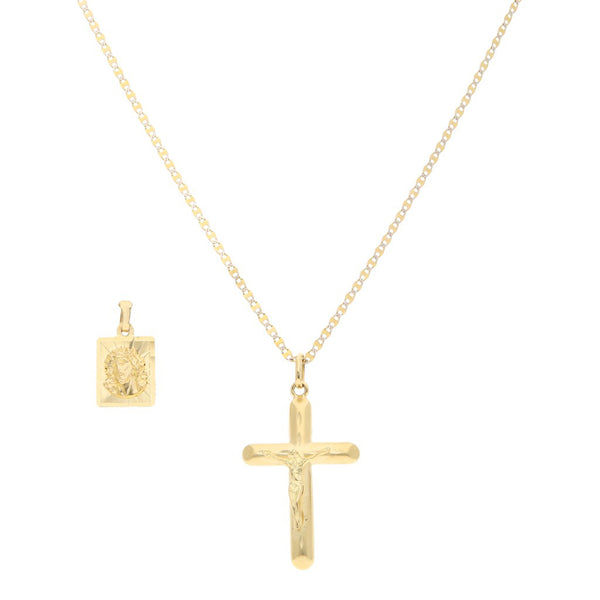 Collar de eslabón nudo marino platinado con crucifijo y medalla diseño especial motivo Divino Rostro en oro amarillo 14 kilates.