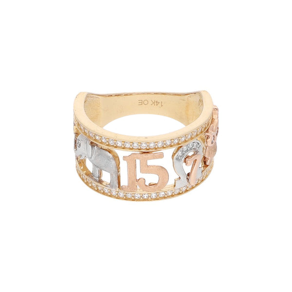 Anillo diseño especial con sintéticos motivos de la suerte en oro dos tonos 14 kilates.
