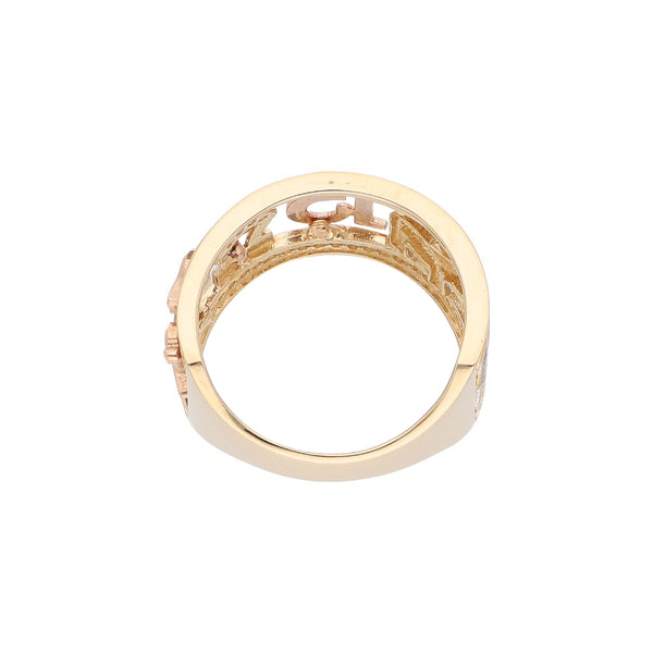 Anillo diseño especial con sintéticos motivos de la suerte en oro dos tonos 14 kilates.