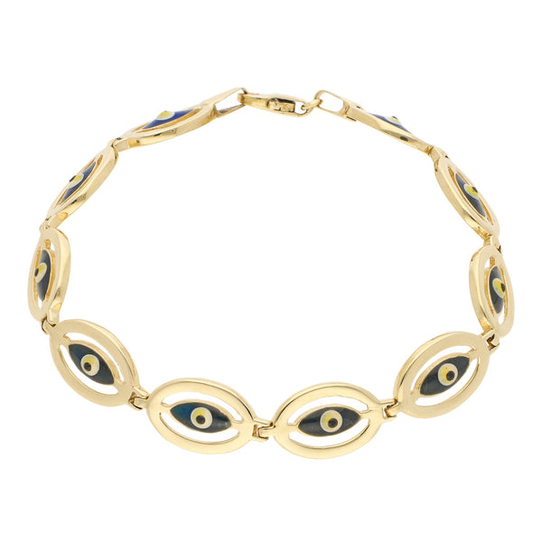Pulsera eslabón articulado con esmalte motivo ojo en oro amarillo 14 kilates.