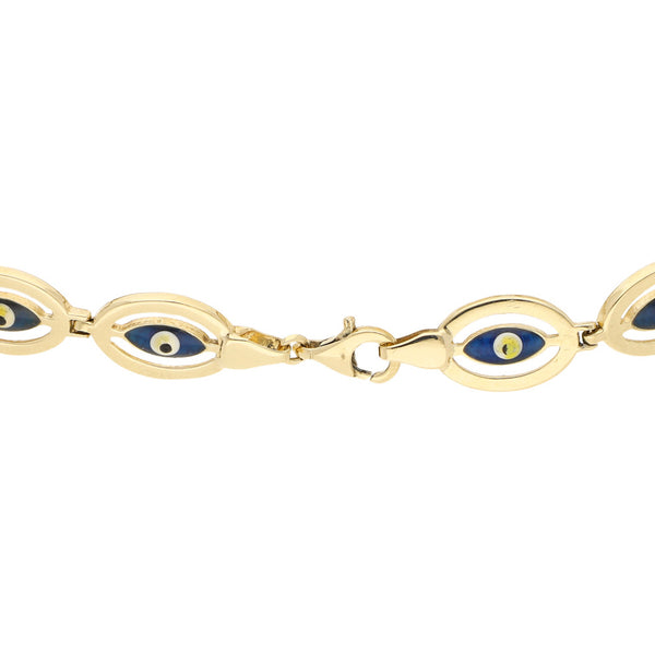 Pulsera eslabón articulado con esmalte motivo ojo en oro amarillo 14 kilates.