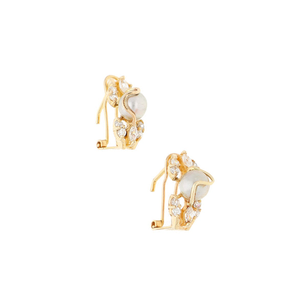 Aretes diseño especial con sintéticos y perla en oro amarillo 14 kilates.