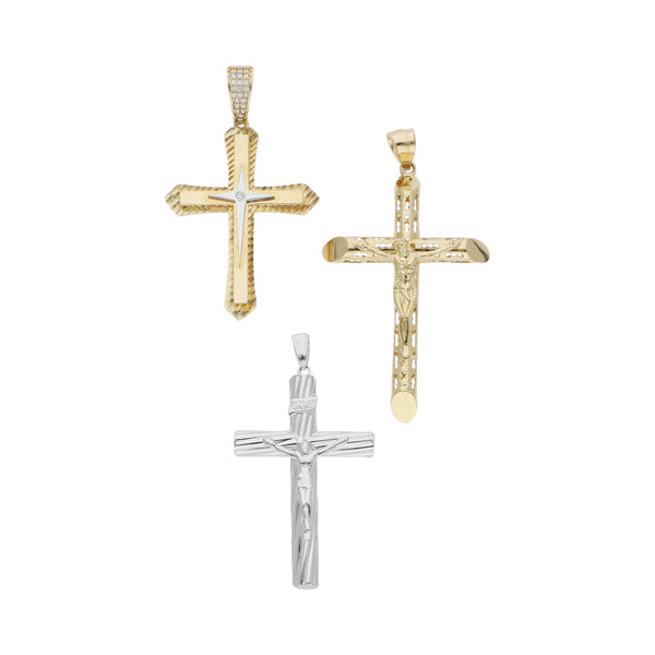 Dos crucifijos y cruz diseño especial con sintéticos en oro dos tonos 14 kilates.