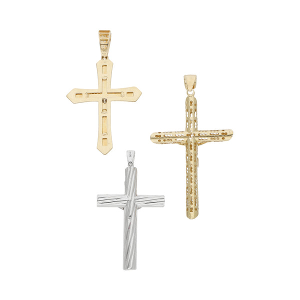 Dos crucifijos y cruz diseño especial con sintéticos en oro dos tonos 14 kilates.