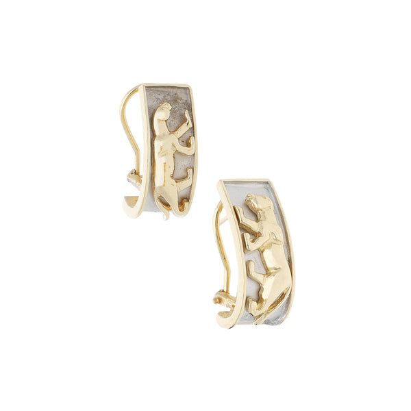 Aretes diseño especial platinado motivo felino en oro amarillo 14 kilates.