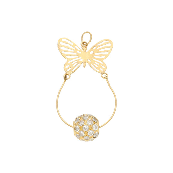 Dije diseño especial motivo mariposa con colgante y sintéticos en oro amarillo 14 kilates.