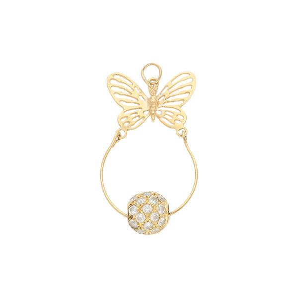 Dije diseño especial motivo mariposa con colgante y sintéticos en oro amarillo 14 kilates.