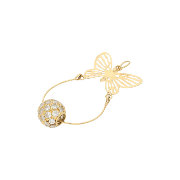 Dije diseño especial motivo mariposa con colgante y sintéticos en oro amarillo 14 kilates.