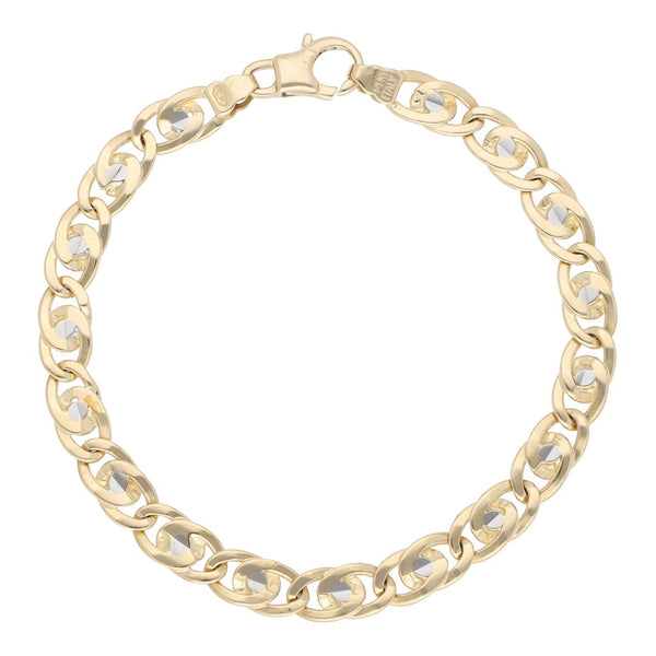 Pulsera eslabón nudo egipcio platinado en oro amarillo 14 kilates.