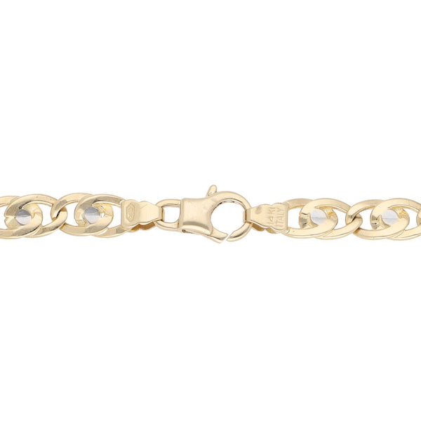 Pulsera eslabón nudo egipcio platinado en oro amarillo 14 kilates.
