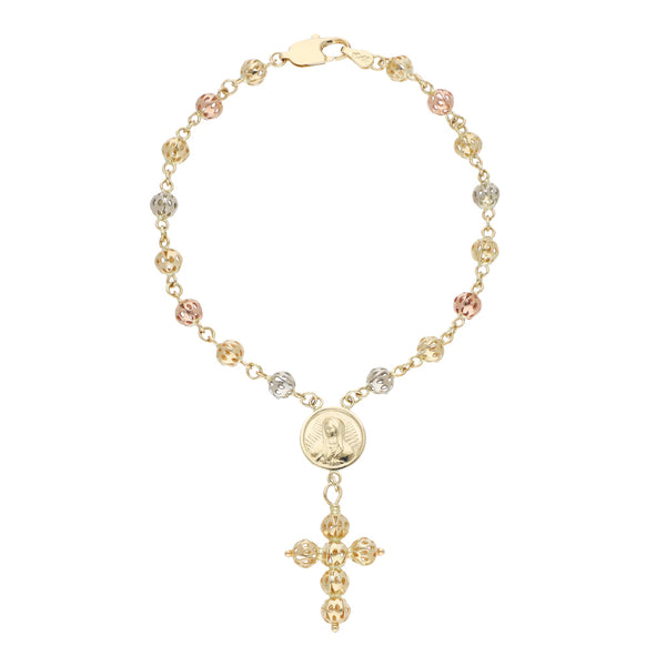 Pulsera tipo rosario eslabón calado en oro tres tonos 14 kilates.