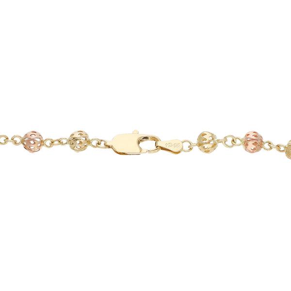Pulsera tipo rosario eslabón calado en oro tres tonos 14 kilates.