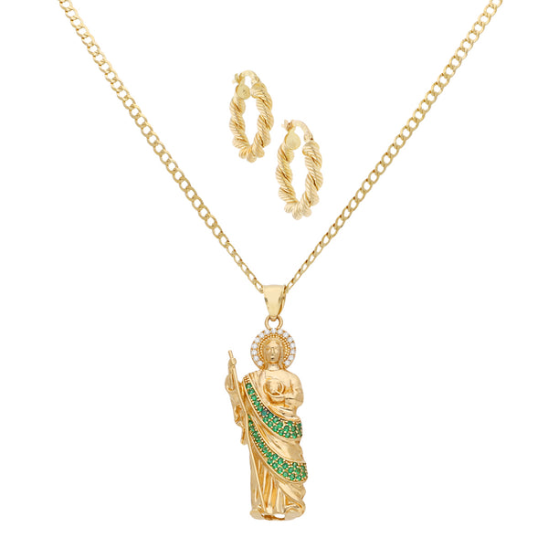 Collar eslabón barbado, arracadas y dije diseño especial con sintéticos motivo San Judas en oro amarillo 14 kilates.