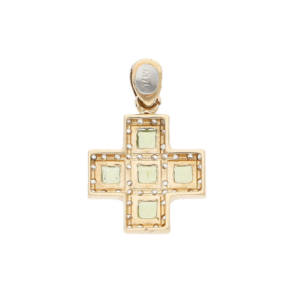 Cruz diseño especial con sintéticos en oro amarillo 14 kilates.