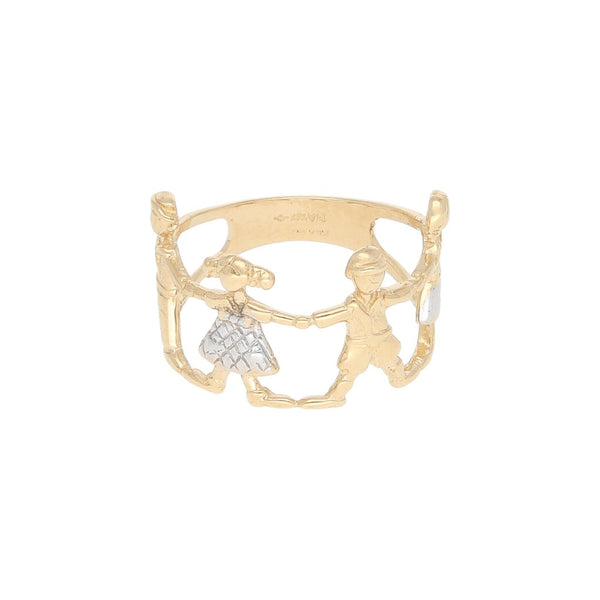 Anillo diseño especial motivo niños en oro amarillo 14 kilates.