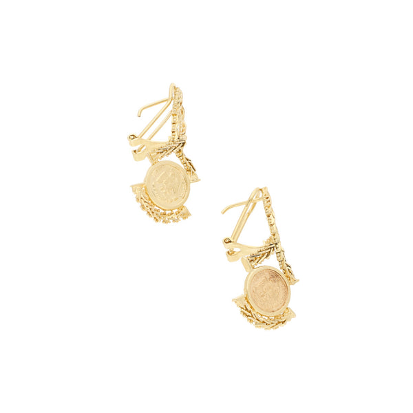 Aretes boleado con aplicaciones motivo moneda en oro amarillo 14 kilates.
