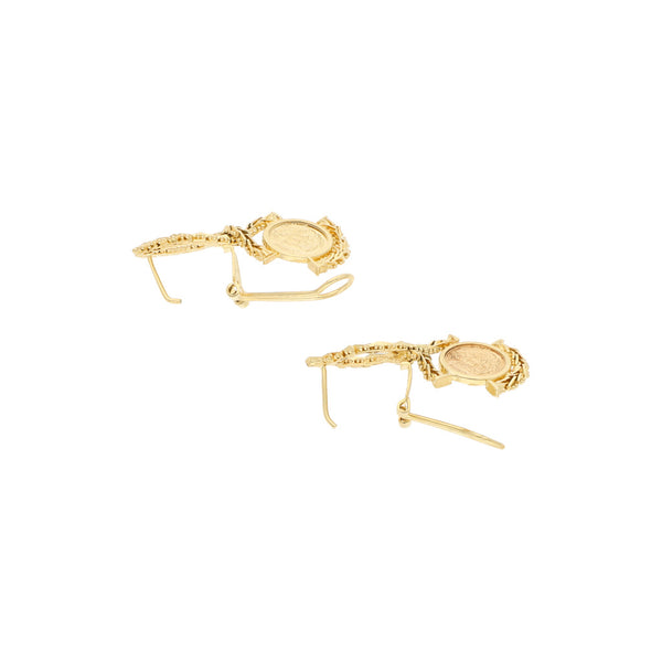 Aretes boleado con aplicaciones motivo moneda en oro amarillo 14 kilates.