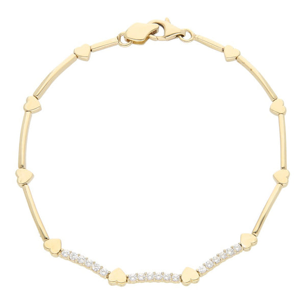 Pulsera eslabón articulado aplicaciones motivo corazón y sintéticos en oro amarillo 14 kilates.