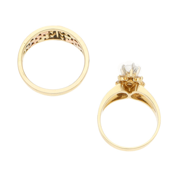 Dos diseño especial con circonias en oro amarillo 12 kilates y en oro tres tonos 14 kilates.