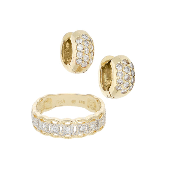 Anillo y arracadas diseño especial con sintéticos en oro amarillo 14 kilates.