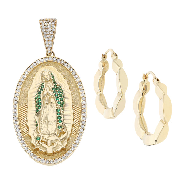 Arracadas huecas y medalla diseño especial con sintéticos motivo Virgen de Guadalupe en oro amarillo 14 kilates.