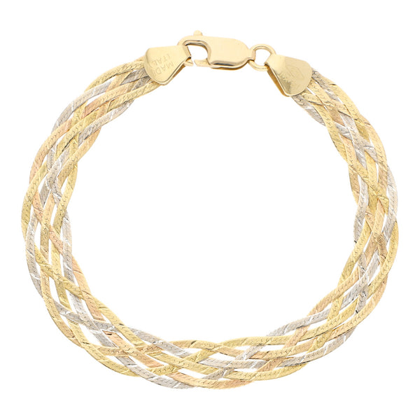 Pulsera eslabón planchado en oro tres tonos 14 kilates.