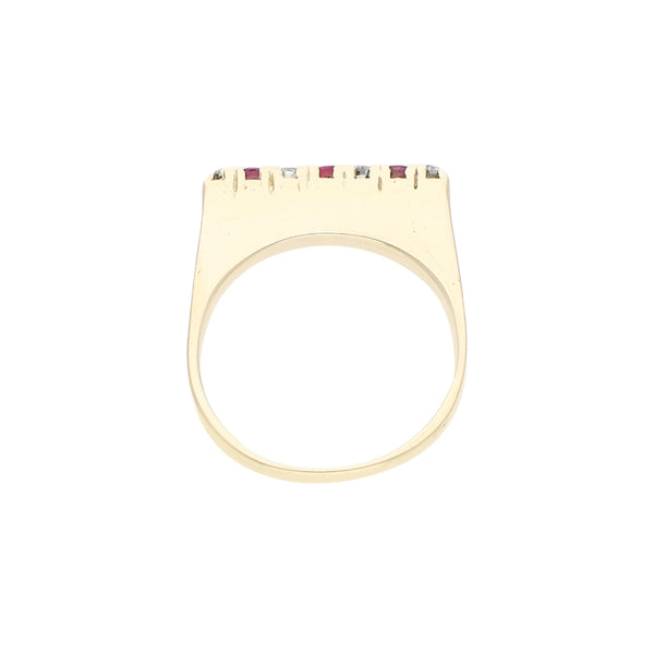 Anillo diseño especial con diamantes y rubíes en oro amarillo 14 kilates.