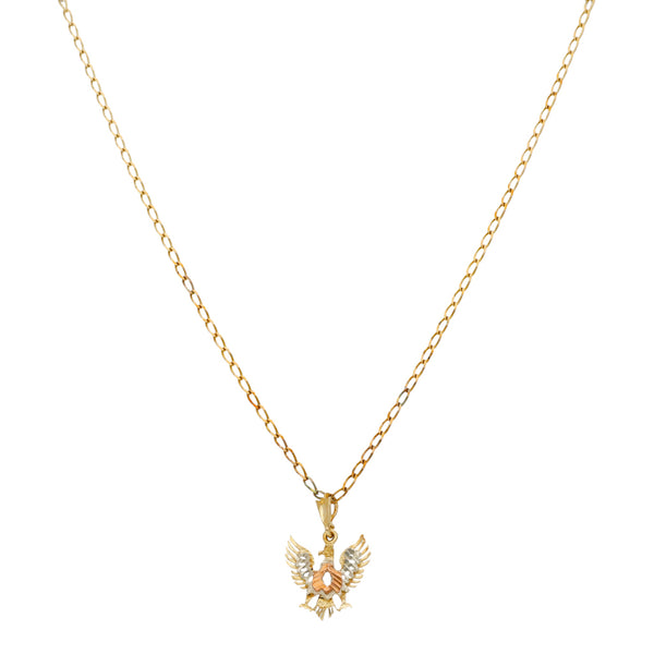 Collar eslabón encontrado y dije diseño especial motivo águila en oro tres tonos 14 kilates.