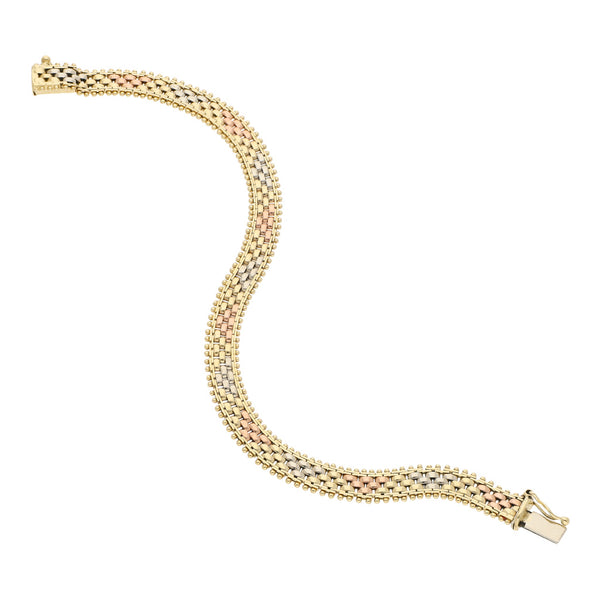 Pulsera eslabón boleado en oro tres tonos 14 kilates.
