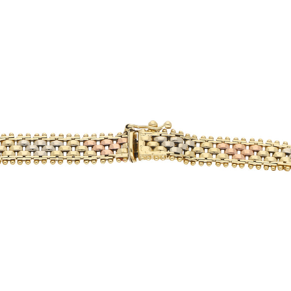 Pulsera eslabón boleado en oro tres tonos 14 kilates.