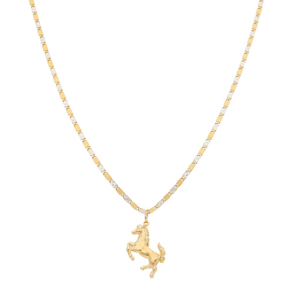 Collar eslabón nudo marino y dije hueco motivo caballo en oro amarillo 14 kilates.