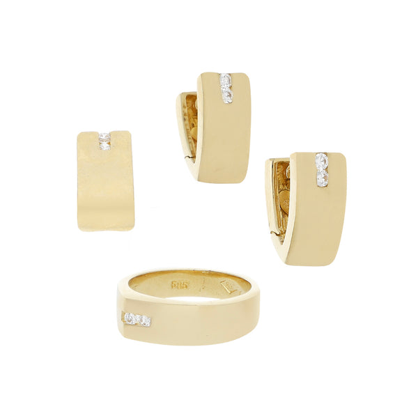 Juego de anillo, aretes y dije estilizado con sintéticos en oro amarillo 14 kilates.