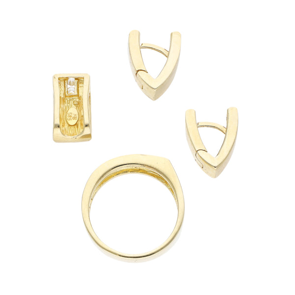 Juego de anillo, aretes y dije estilizado con sintéticos en oro amarillo 14 kilates.