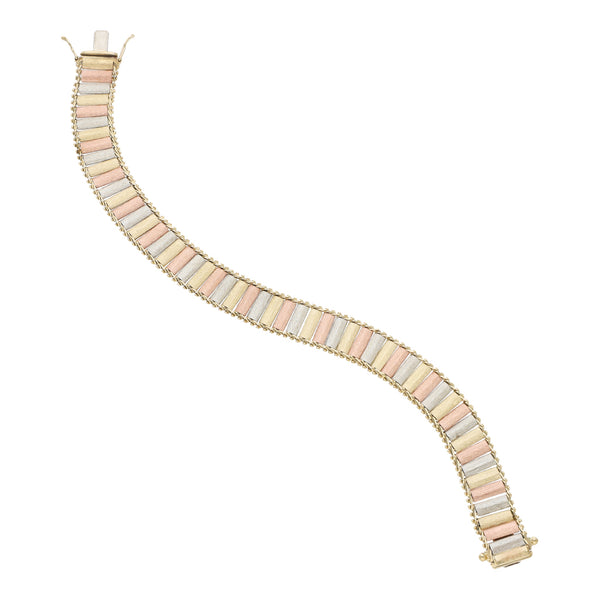 Pulsera eslabón boleado en oro tres tonos 14 kilates.