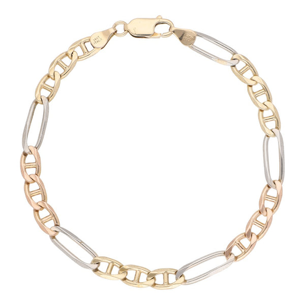 Pulsera eslabón combinado en oro tres tonos 14 kilates.