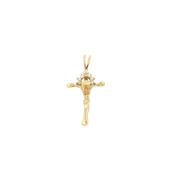 Crucifijo estilizado con circonias en oro amarillo 14 kilates.