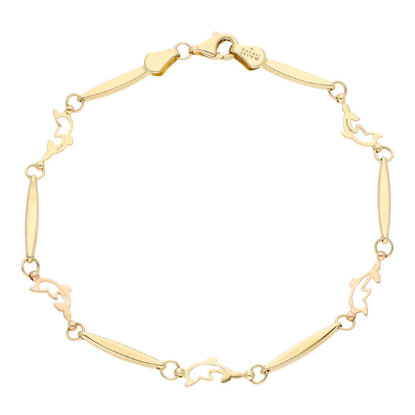 Pulsera eslabón combinado motivo delfín en oro tres tonos 14 kilates.