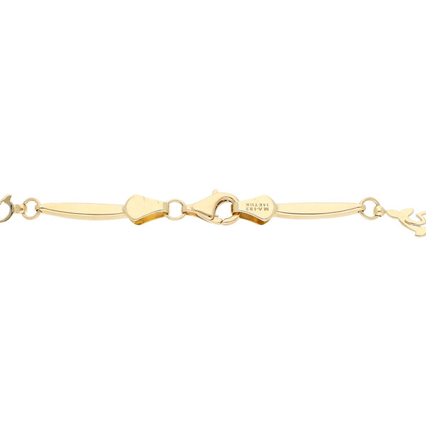 Pulsera eslabón combinado motivo delfín en oro tres tonos 14 kilates.