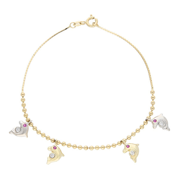 Pulsera eslabón combinado con colgantes con sintéticos motivo delfín en oro dos tonos 14 kilates.