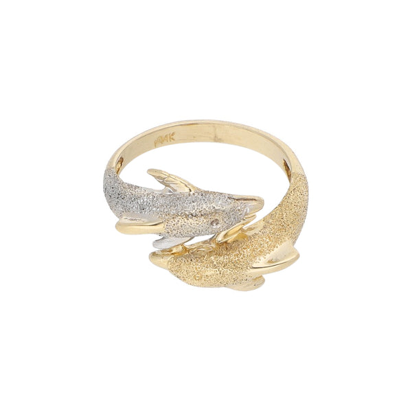 Anillo estilizado motivo delfines en oro amarillo 14 kilates.