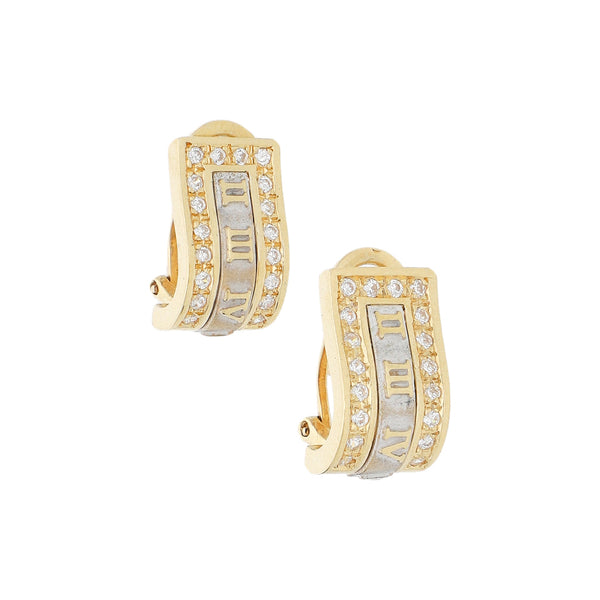 Aretes diseño especial con sintéticos en oro dos tonos 14 kilates.