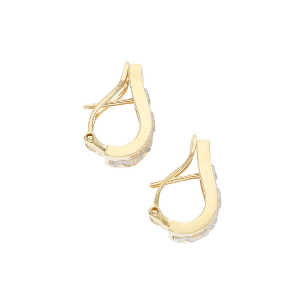Aretes diseño especial con sintéticos en oro dos tonos 14 kilates.