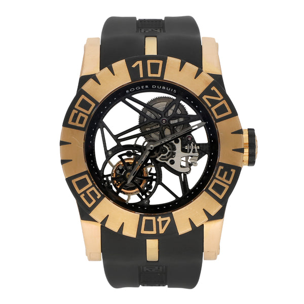 Reloj Roger Dubuis para caballero modelo Tourbidiver caja y broche en oro rosa 18 kilates.